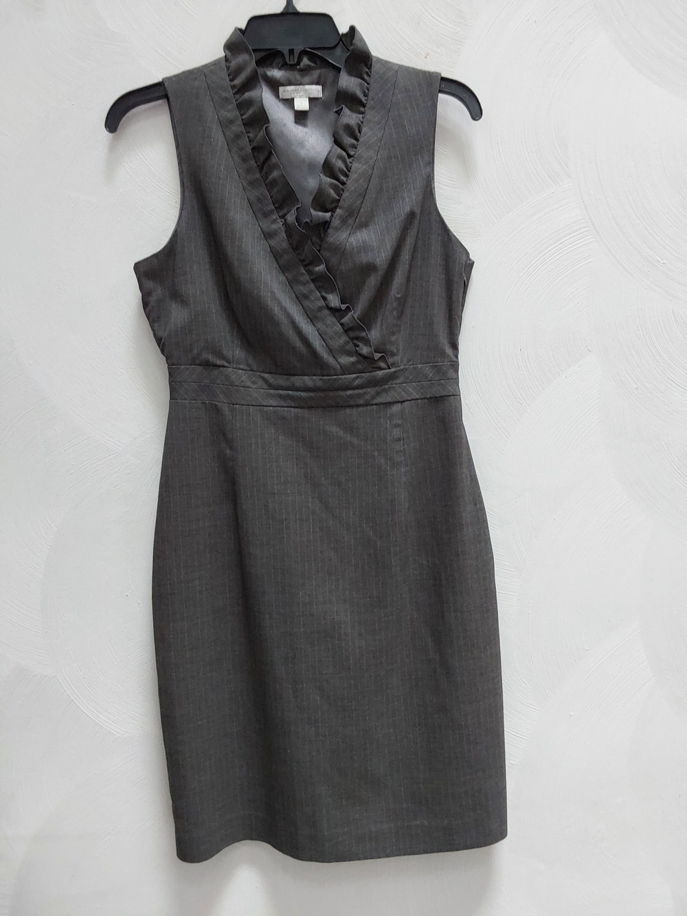 New York & Company Pinstripe Stretch Gray Ruffle Sheath Dress 6